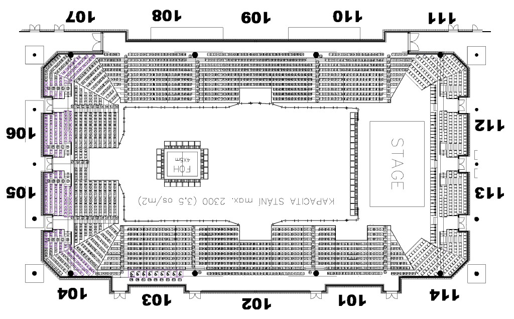 Koncert sál – stání s tribunami plan